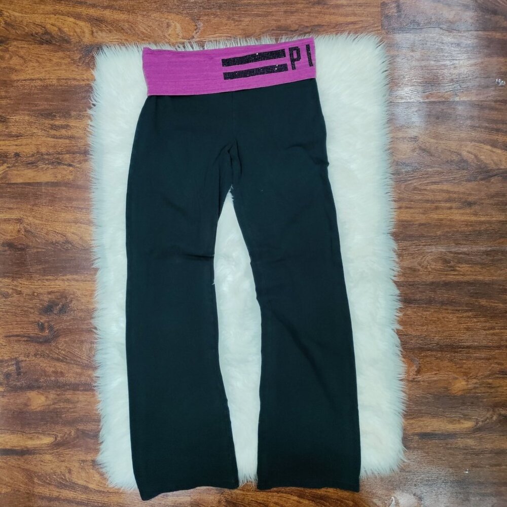 VTG Victorias Secret Pink M Foldover Waist Glitter Logo Yoga Pants Black Purple